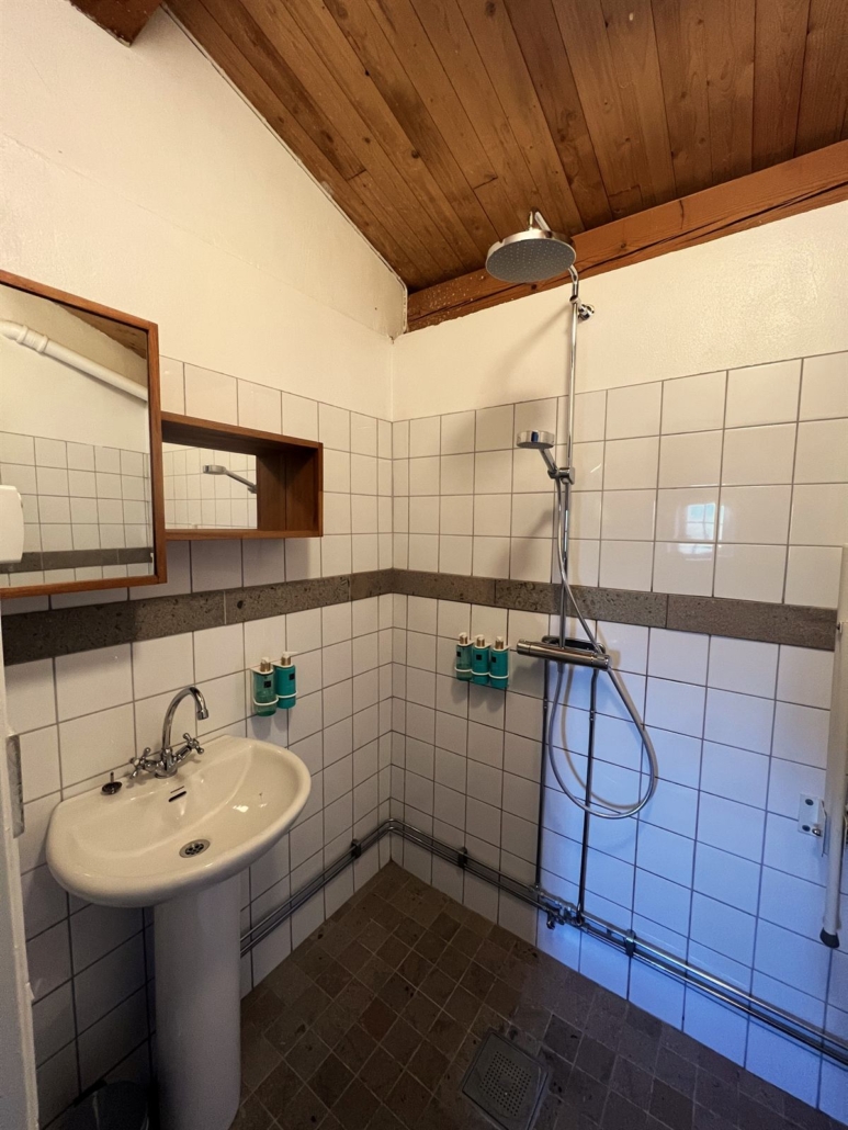 Badrummet i Garden Pool Room med dusch och kalkstensgolv