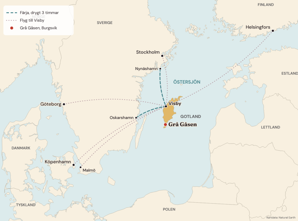 gragasen-karta-gotland-i-ostersjon Karta över Östersjön som visar var Gotland ligger, färjorna från Nynäshamn och Oskarshamn till Visby, flyg till Visby och Grå Gåsen i Burgsvik på södra Gotland
