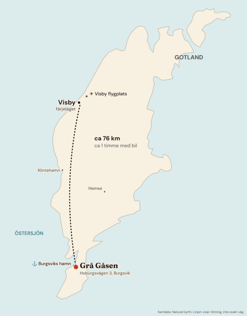 gragasen-karta-visby-till-burgsvik Karta över Gotland med Visby, flygplatsen, Burgsviks hamn och Grå Gåsen i Burgsvik, cirka 76 kilometer söder om Visby