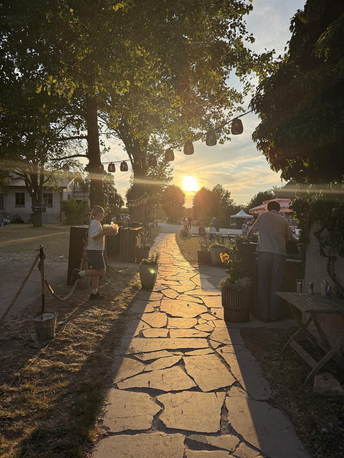 Solnedgång över stenstigen och uteserveringen med ljusslingor på Grå Gåsen Gotland
